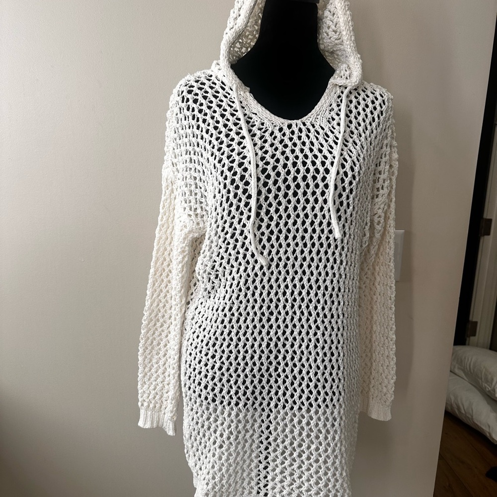 Nicole Miller Off-White Hooded Crochet Sweater/Swim Cover-Up